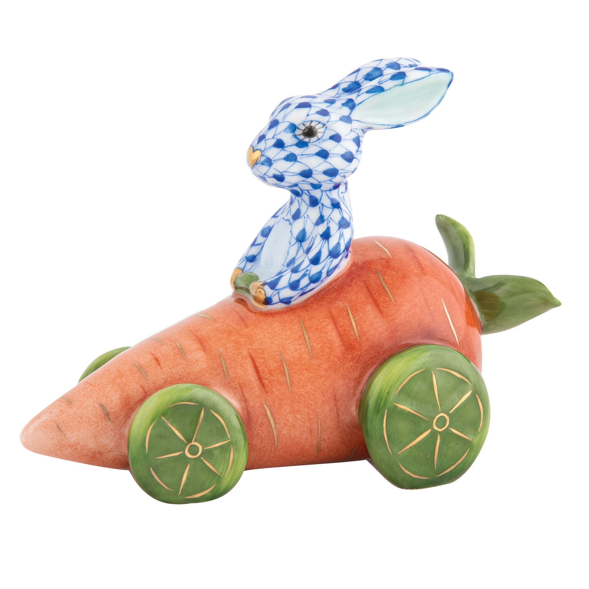 Hand-painted Herend Carrot Car Bunny Figurine in Sapphire fishnet porcelain on a white background