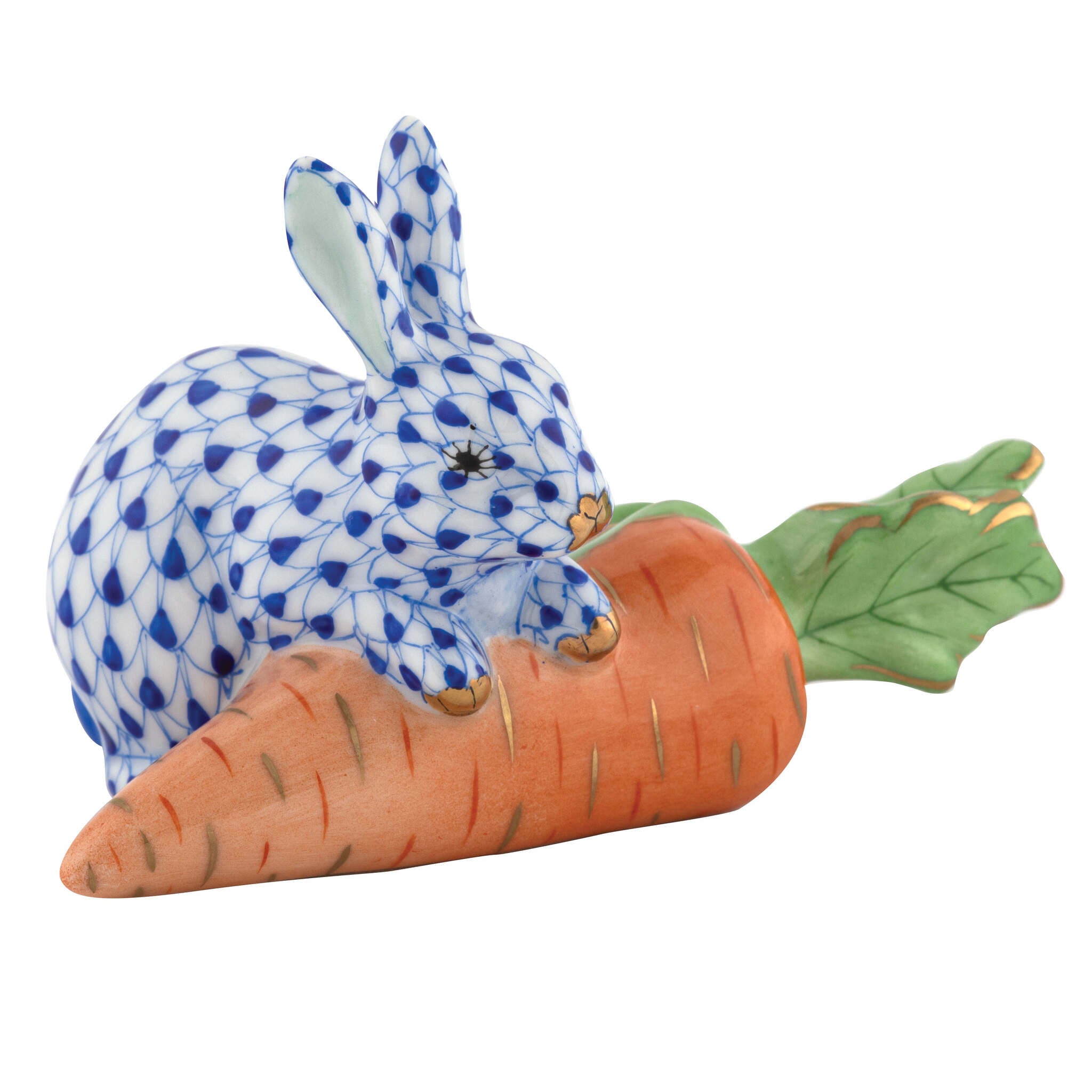 Hand-painted Herend Carrot Love Figurine in Sapphire fishnet porcelain on a white background
