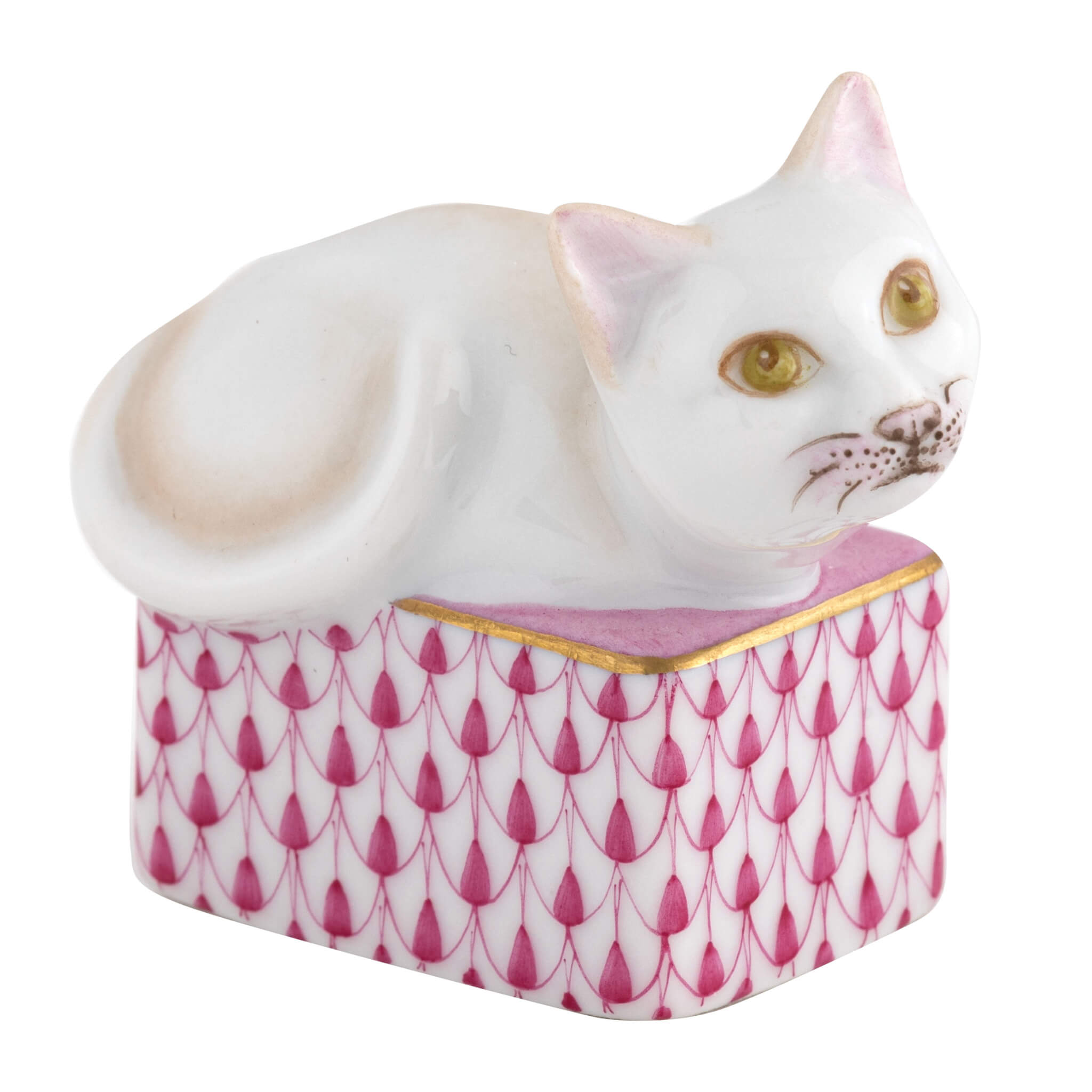 Herend Cat In Box in Raspberry