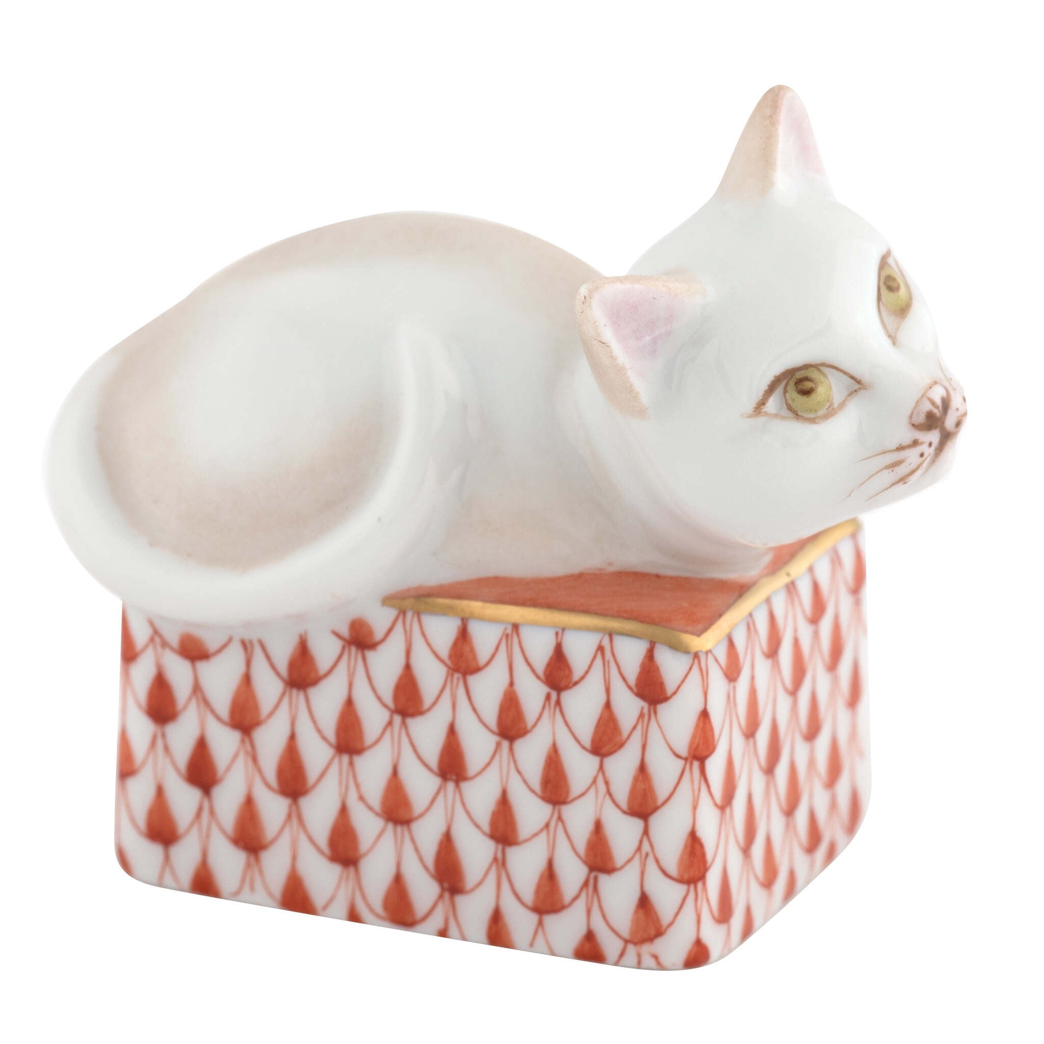 Herend Cat in Box Figurine porcelain figurine painted in the Rust fishnet pattern