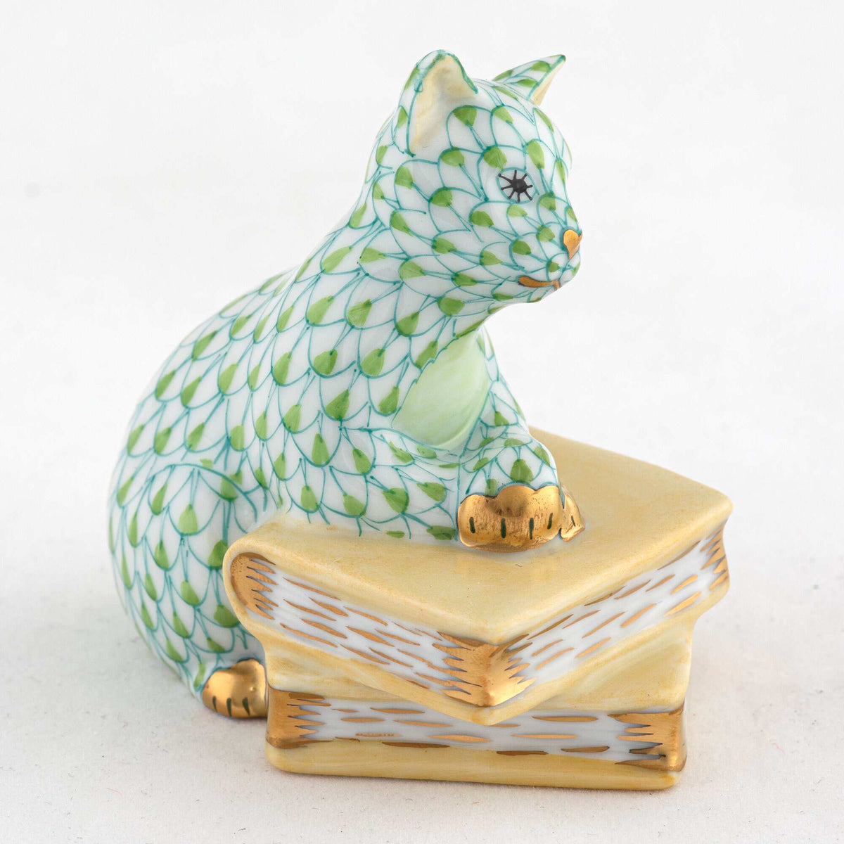 Herend Cat on Books Figurine – Key Lime, alternate view