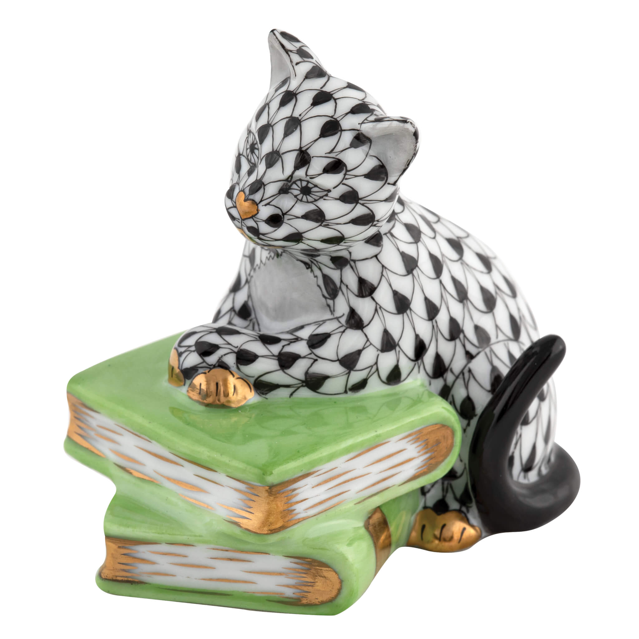 Herend Cat on Books figurine in Black with black fishnet pattern with gold accents on a white background