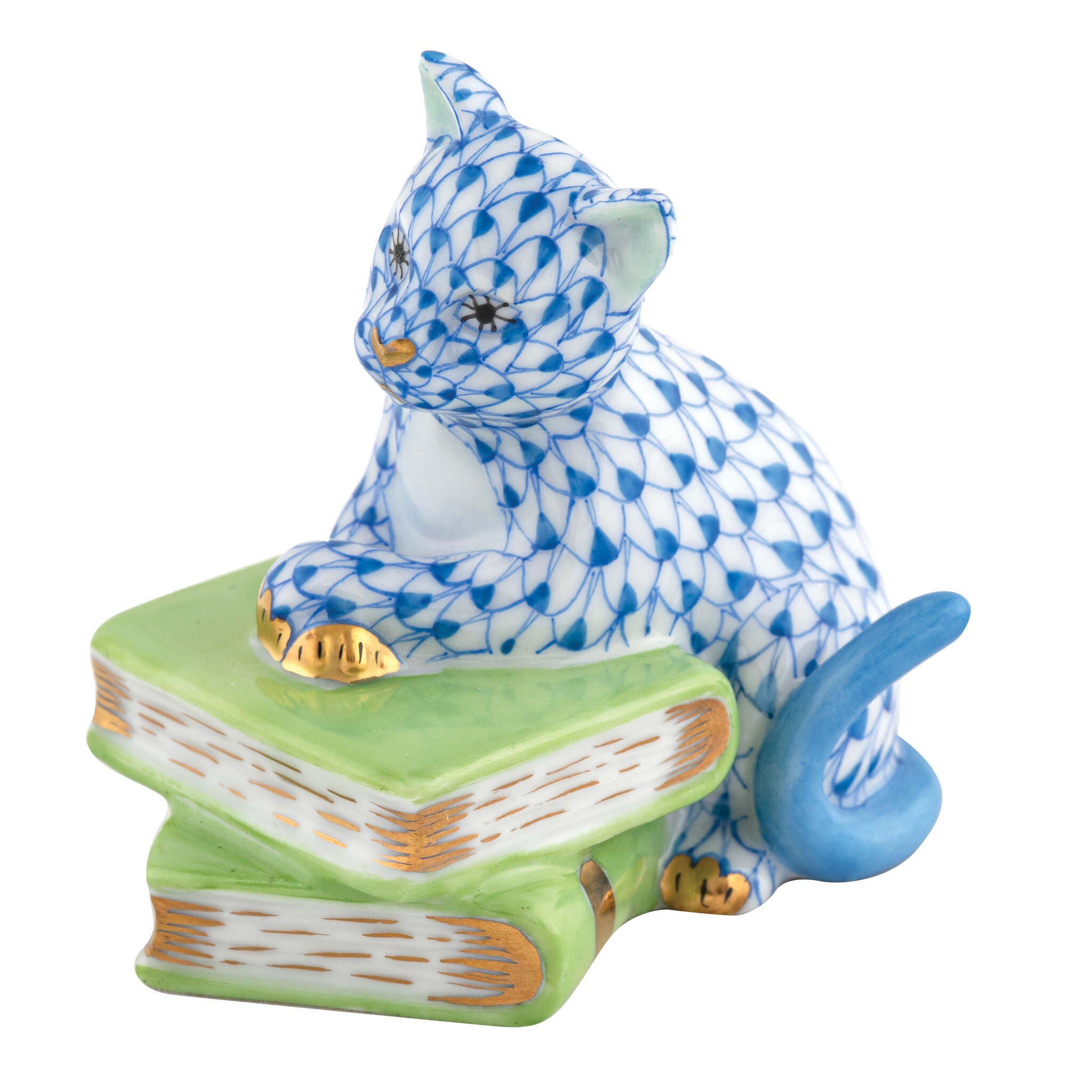 Herend Cat on Books Figurine porcelain figurine painted in the Blue fishnet pattern