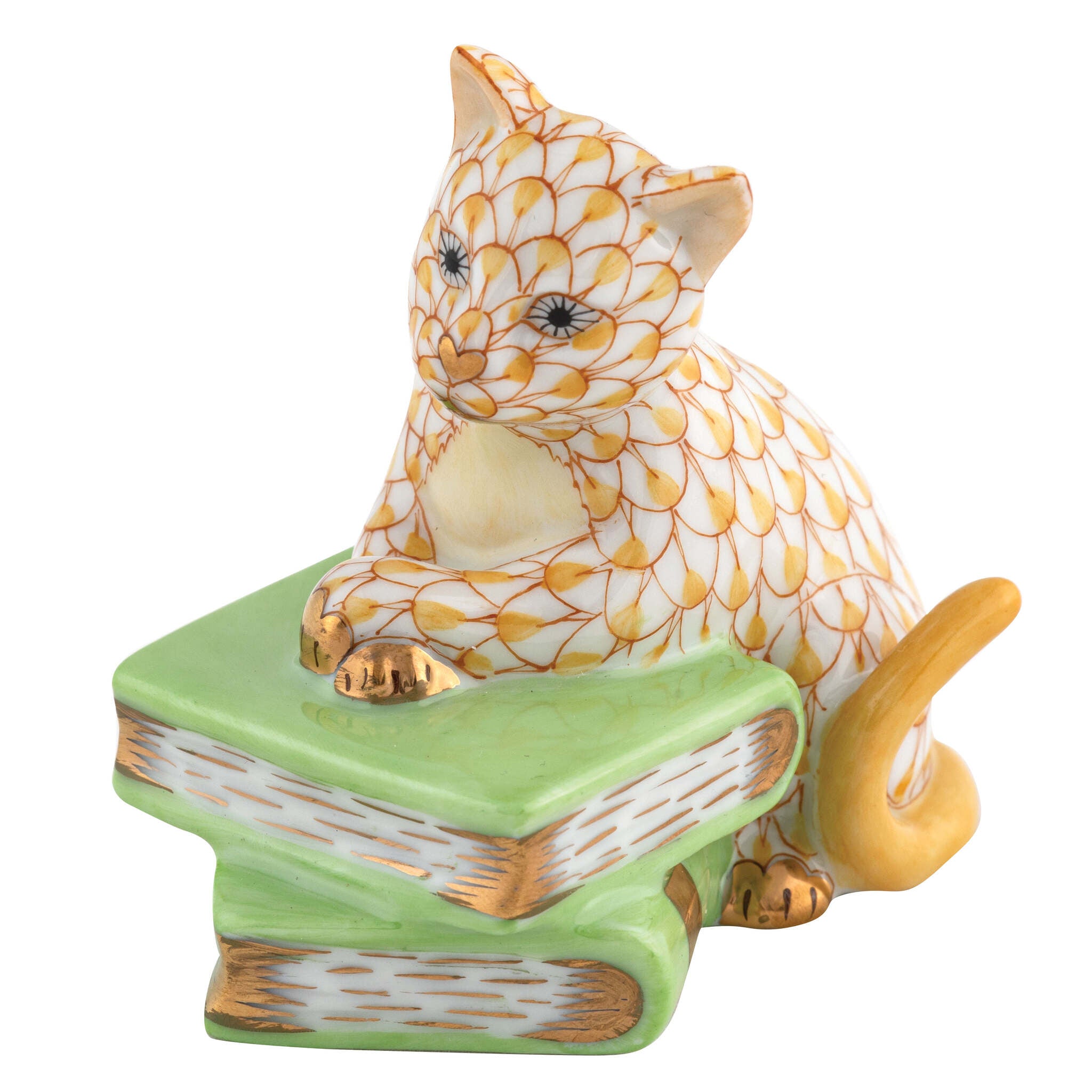 Hand-painted Herend Cat on Books Figurine in Butterscotch fishnet porcelain on a white background
