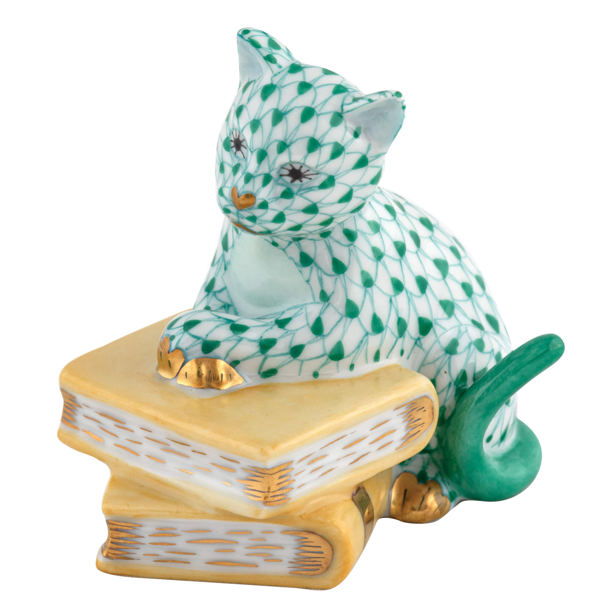Herend Cat on Books figurine in Green with green fishnet pattern with gold accents on a white background