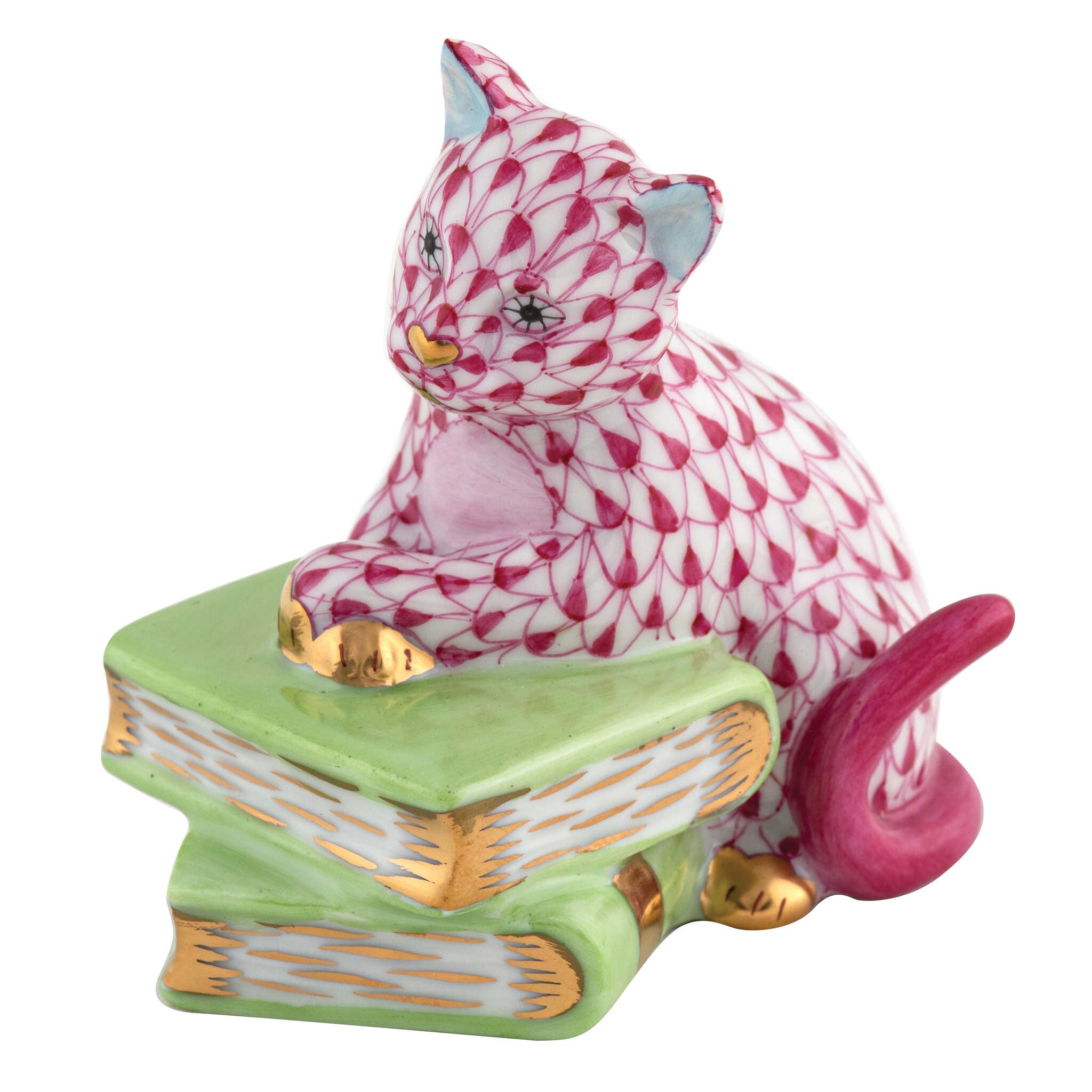 Herend Cat on Books Figurine porcelain figurine painted in the Raspberry fishnet pattern