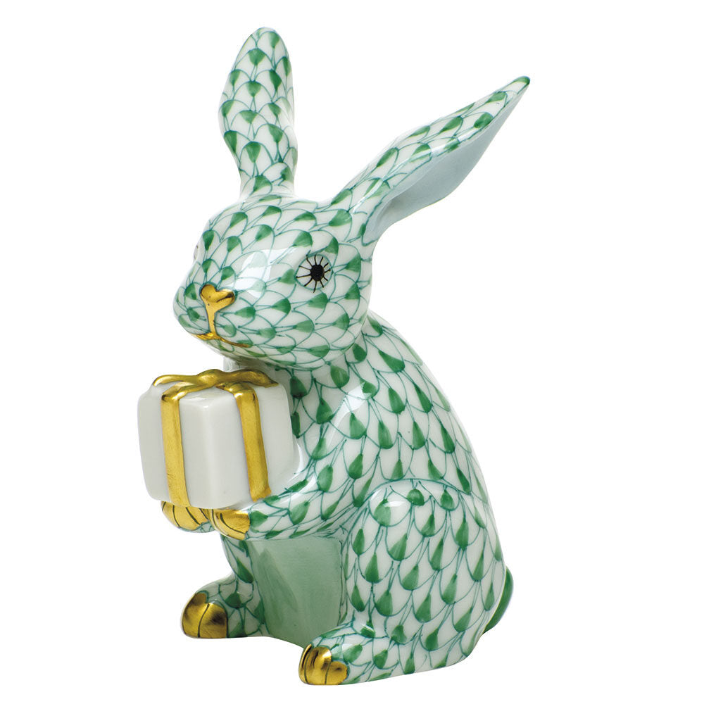 Hand-painted Herend Celebration Bunny Figurine in Green fishnet porcelain on a white background