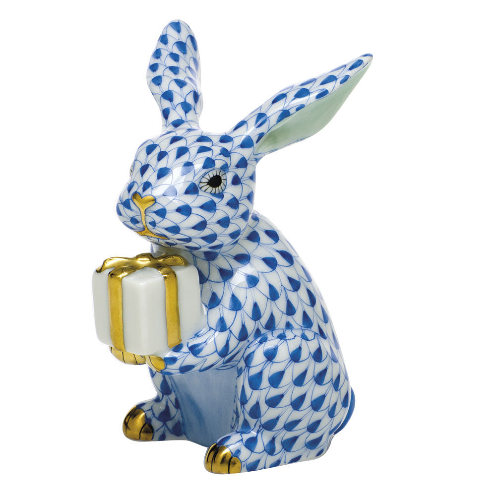 Sapphire fishnet Celebration Bunny Figurine figurine, hand-painted Herend porcelain with 24k gold accents