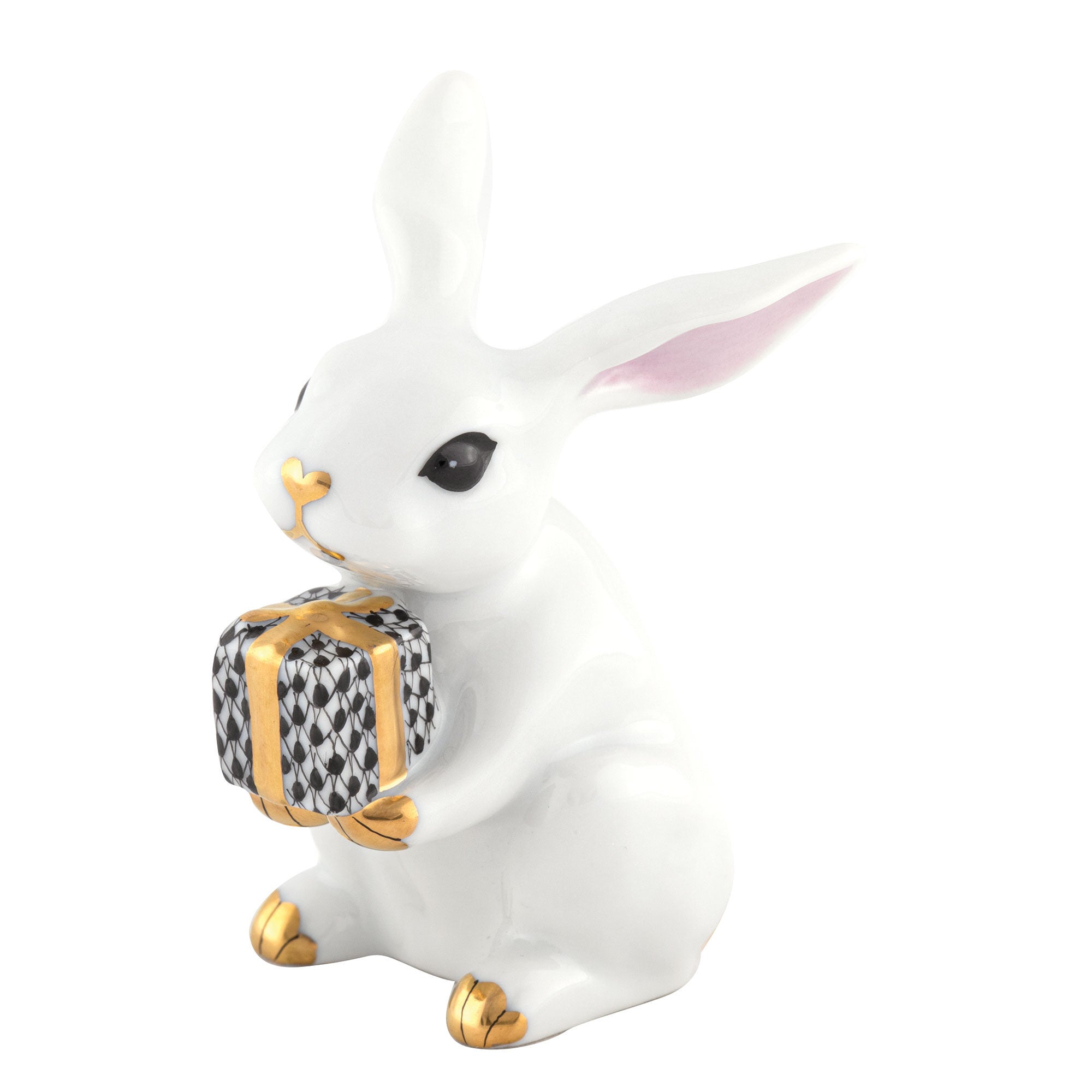 Hand-painted Herend Celebration Bunny Figurine in White-Black fishnet porcelain on a white background