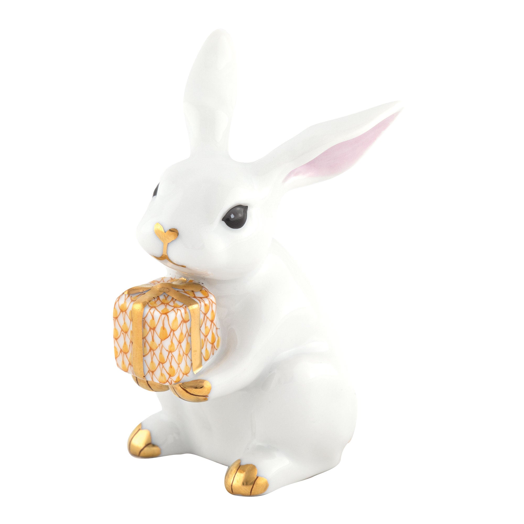 Hand-painted Herend Celebration Bunny Figurine in White-Butterscotch fishnet porcelain on a white background