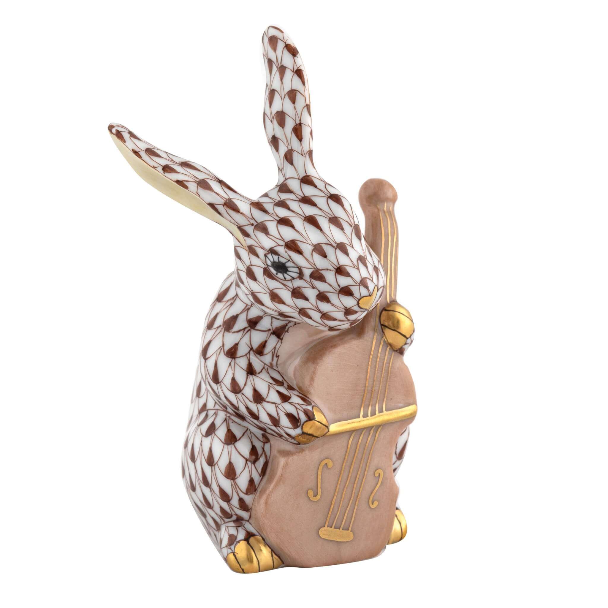 Herend Cello Bunny figurine in Chocolate with chocolate brown fishnet pattern with gold accents on a white background