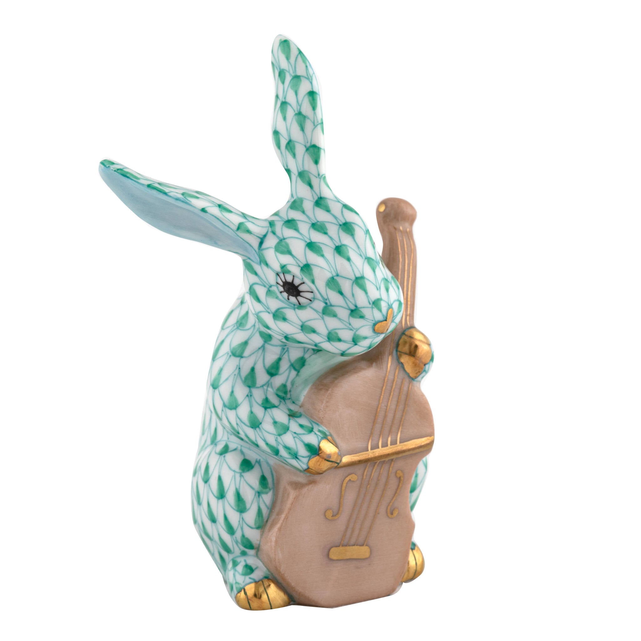 Herend Cello Bunny Figurine porcelain figurine painted in the Green fishnet pattern