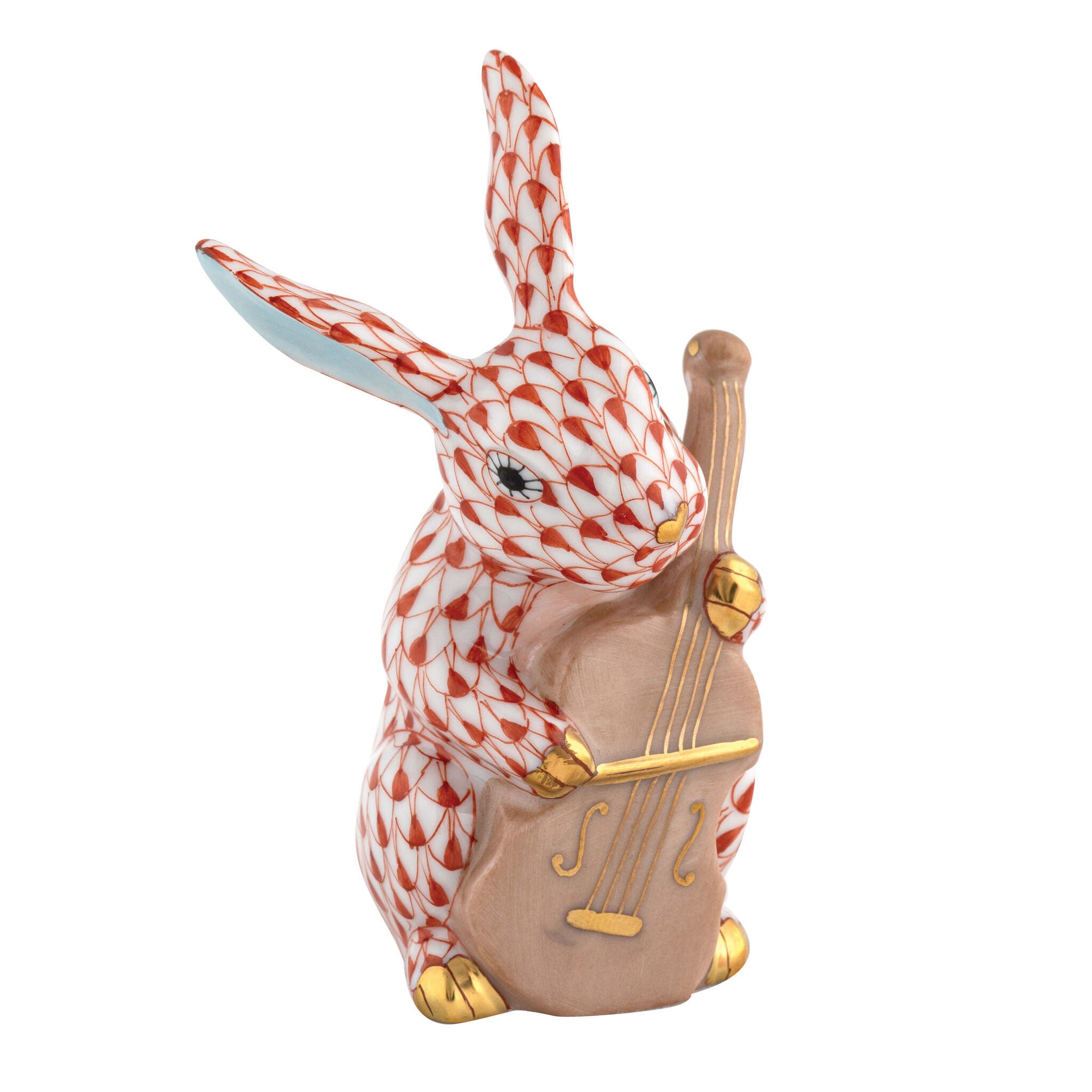 Herend Cello Bunny Figurine porcelain figurine painted in the Rust fishnet pattern