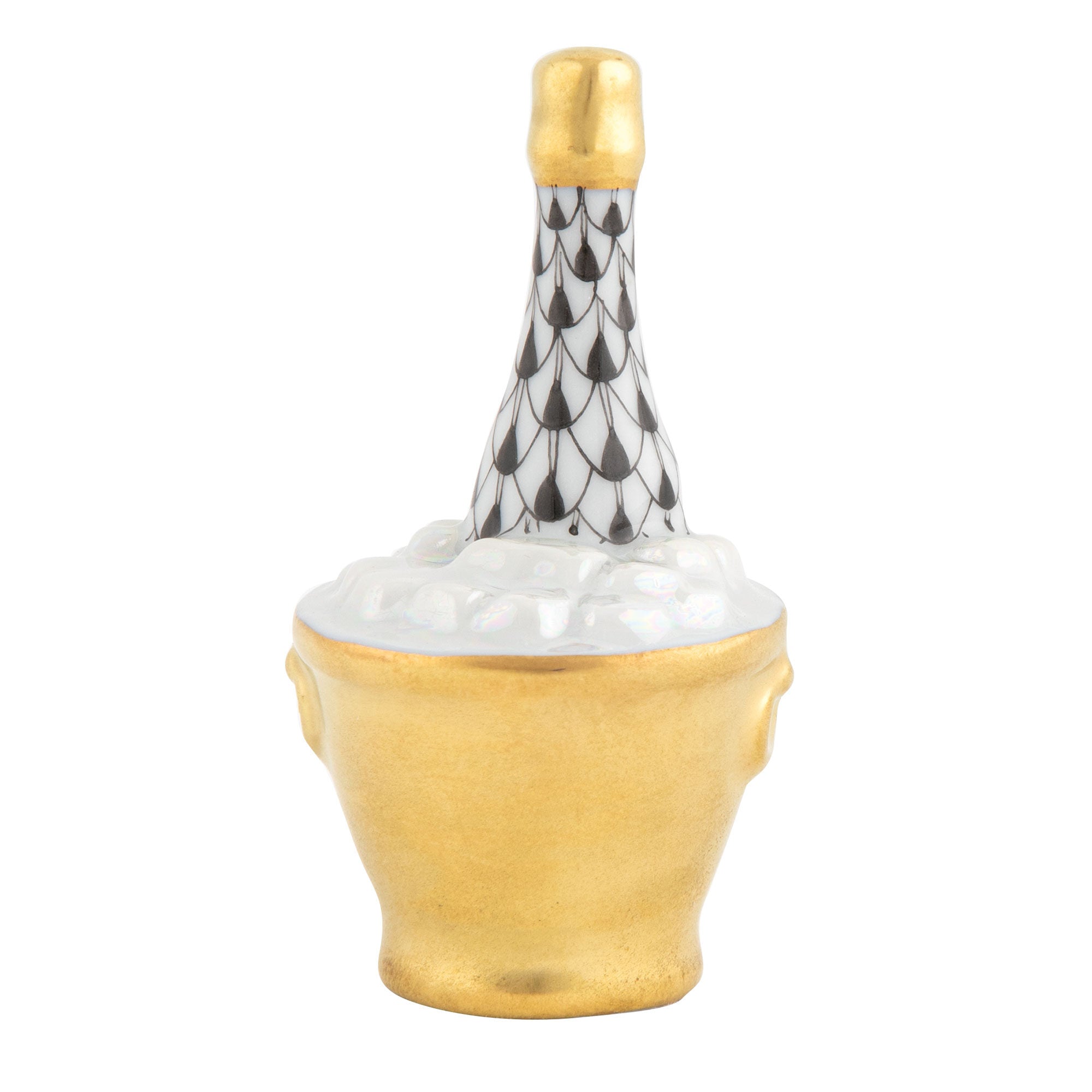 Black fishnet Champagne Bucket Figurine figurine, hand-painted Herend porcelain with 24k gold accents