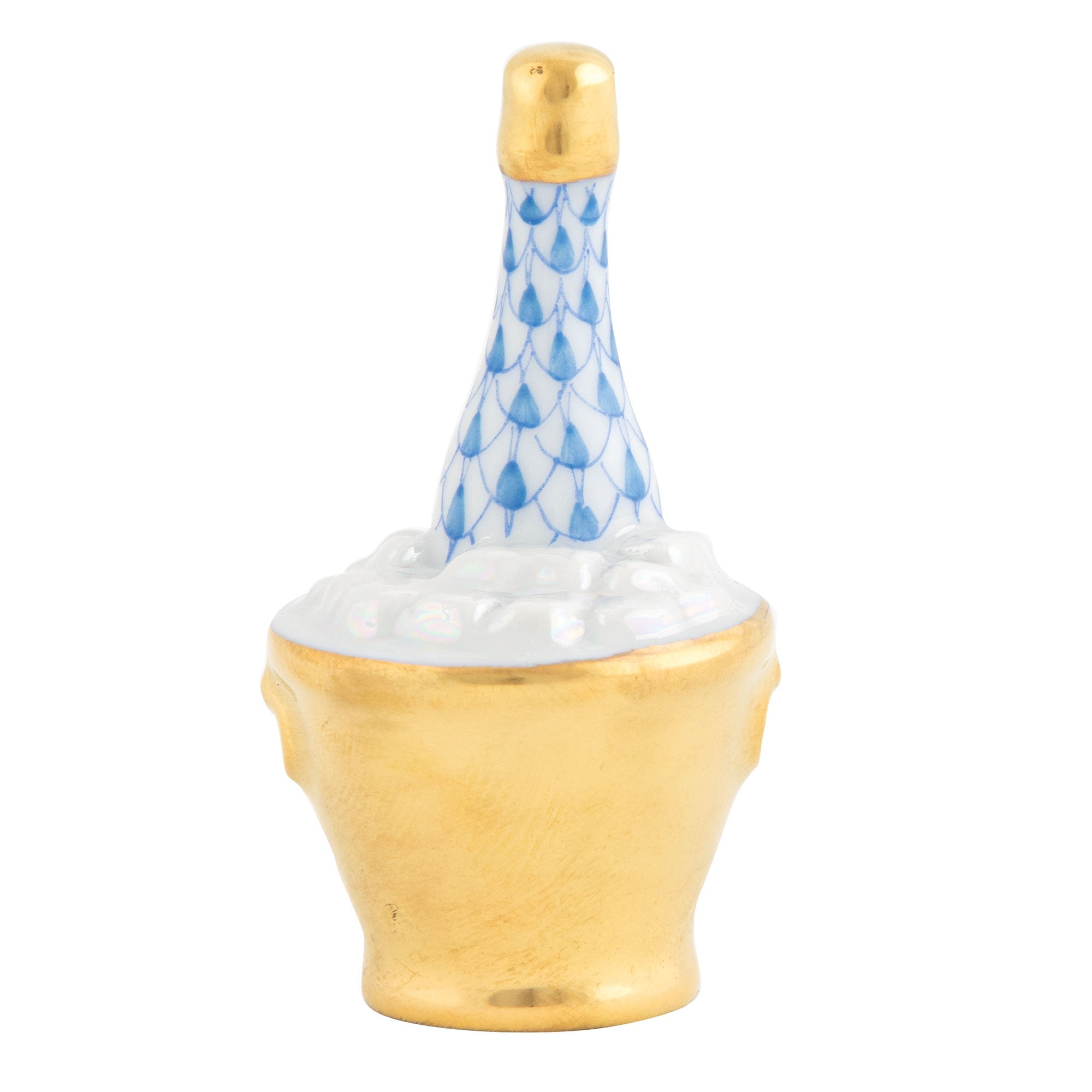 Blue fishnet Champagne Bucket Figurine figurine, hand-painted Herend porcelain with 24k gold accents