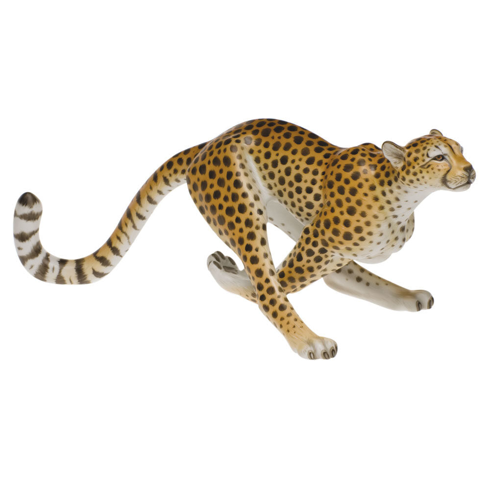 Hand-painted Herend Cheetah Figurine in fine porcelain, 14.5in L X 5.75in H, on a white background