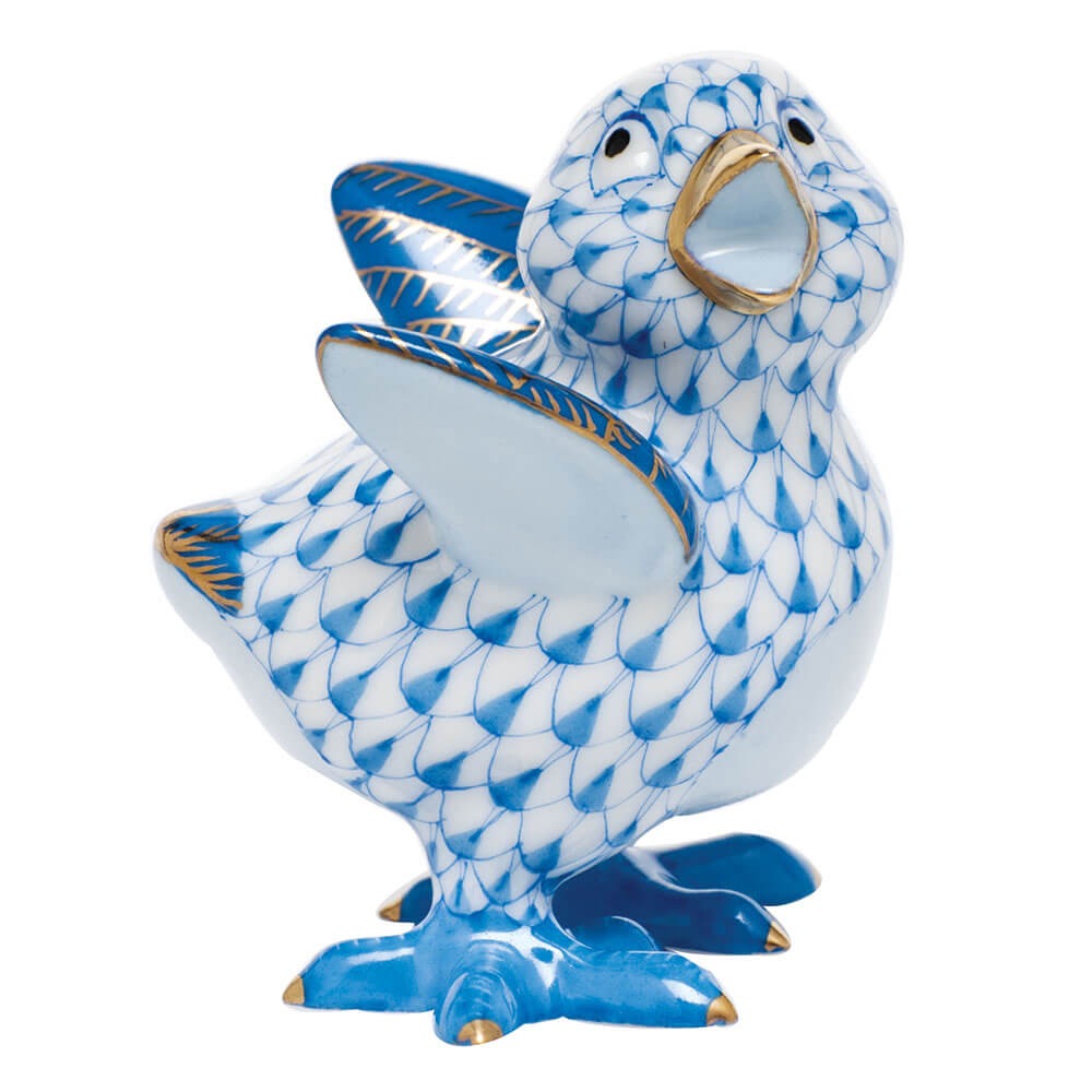 Hand-painted Herend Chicken Little Figurine in Blue fishnet porcelain on a white background