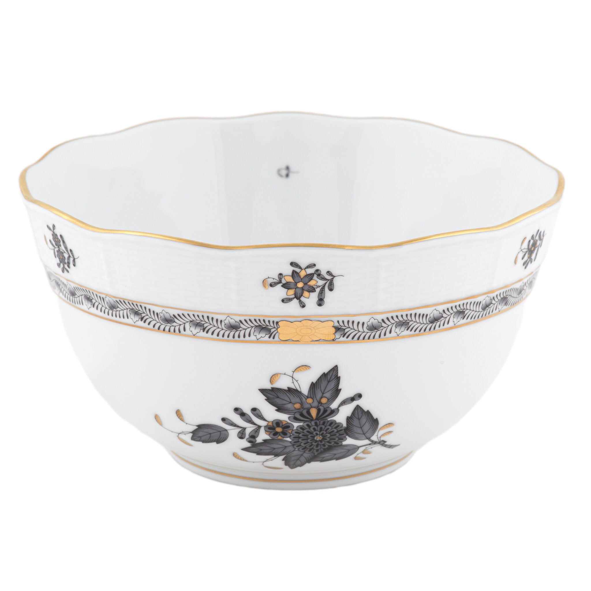 Hand-painted Herend Chinese Bouquet Black Round Bowl in fine porcelain, (3.5 PT) 7.5in D, on a white background