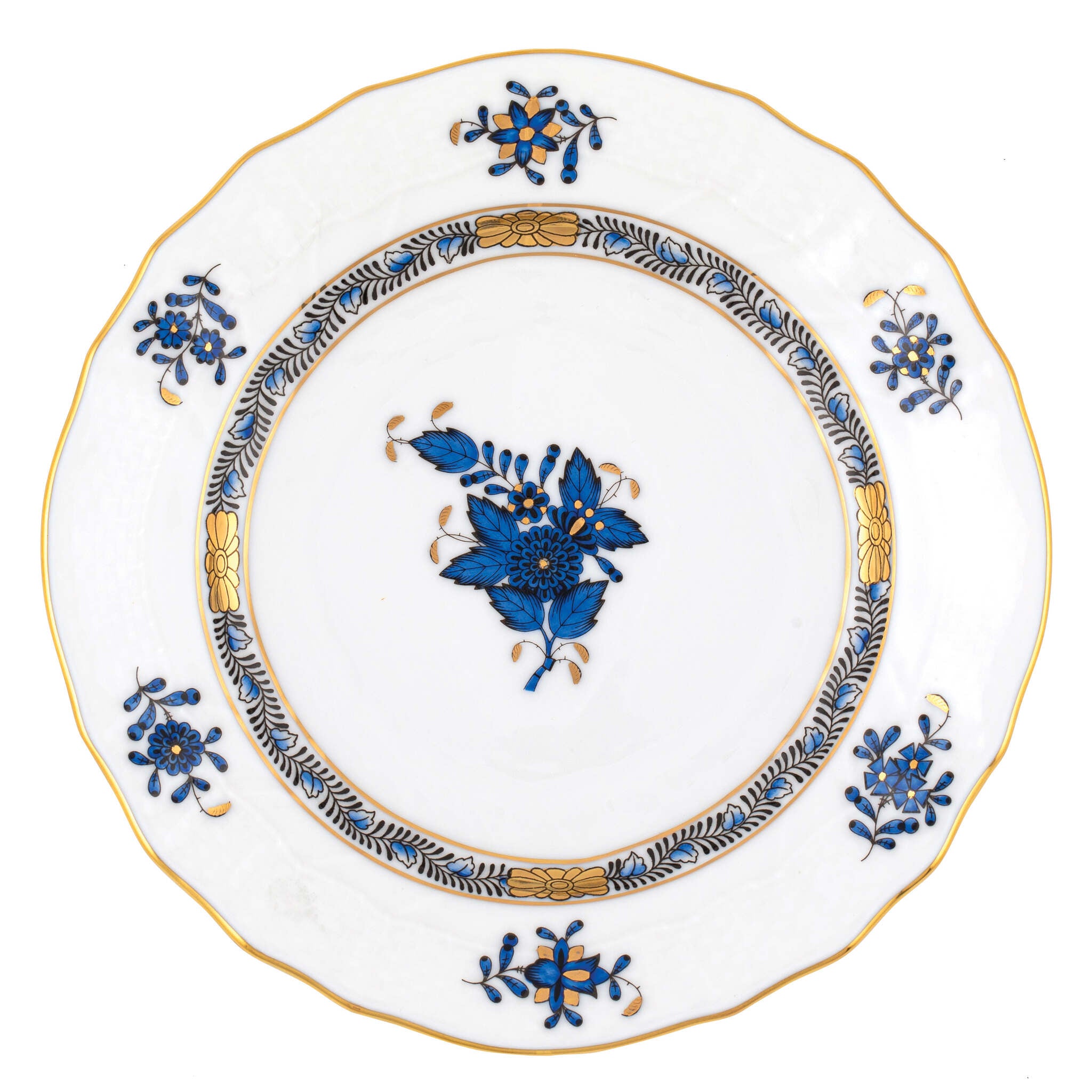 Hand-painted Herend Chinese Bouquet Black Sapphire Bread and Butter Plate in fine porcelain, 6in D, on a white background
