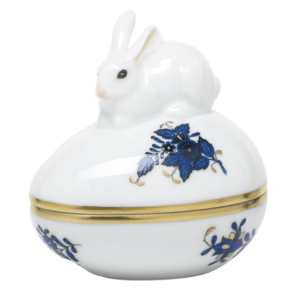 Hand-painted Herend Chinese Bouquet Black Sapphire Egg Bonbon with Bunny Candy Dish in fine porcelain, 3in L X 2.25in W X 3in H, on a white background