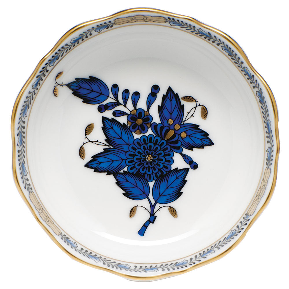Hand-painted Herend Chinese Bouquet Black Sapphire Mini Scalloped Dish Decorative Plate in fine porcelain, 3.25in L X 0.75in H, on a white background