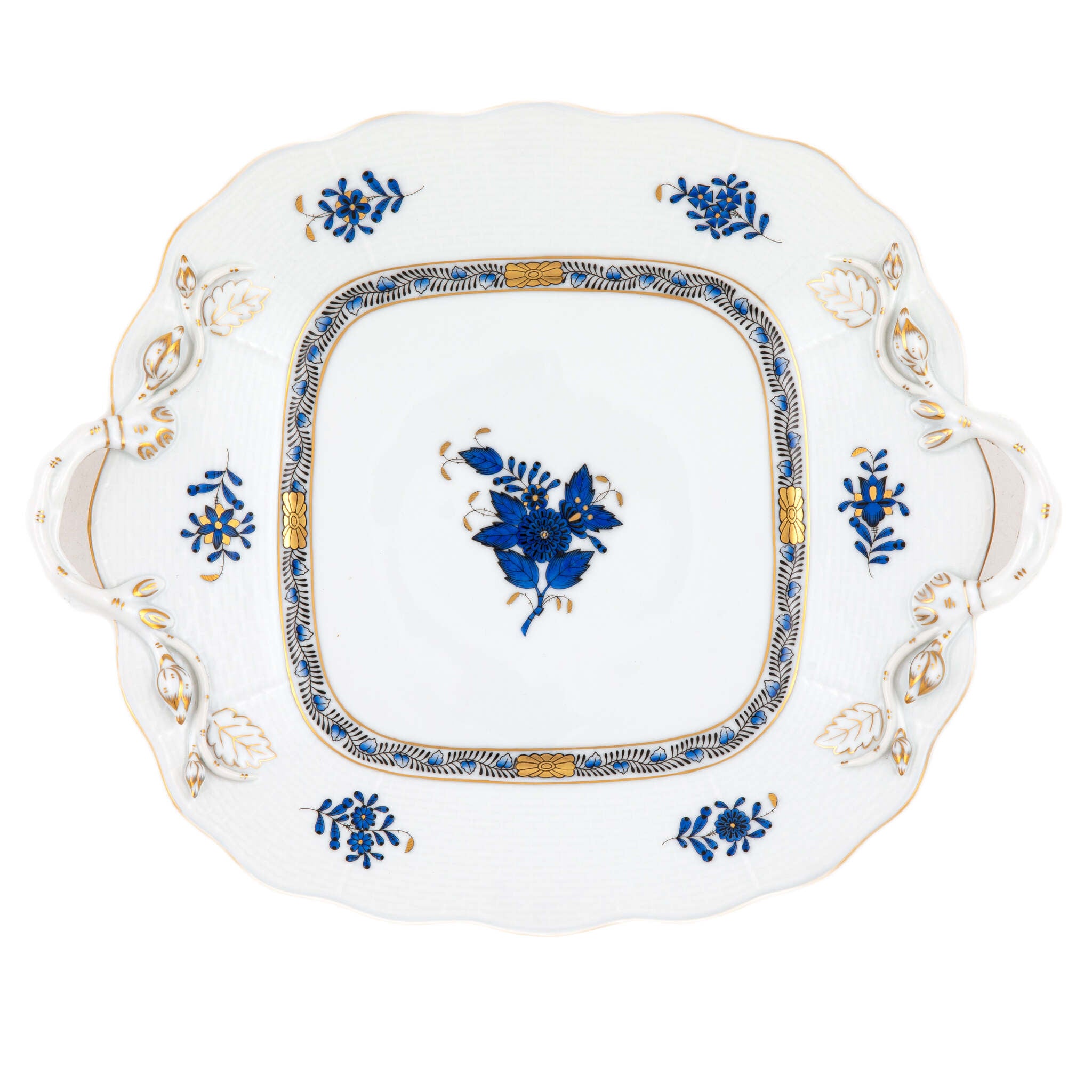 Hand-painted Herend Chinese Bouquet Black Sapphire Square Cake Plate with Handles in fine porcelain, 9.5in SQ, on a white background