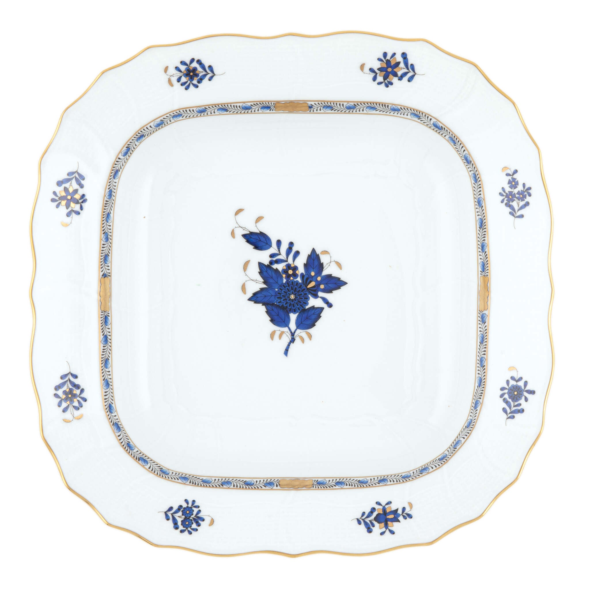 Hand-painted Herend Chinese Bouquet Black Sapphire Square Fruit Dish in fine porcelain, 11in SQ, on a white background