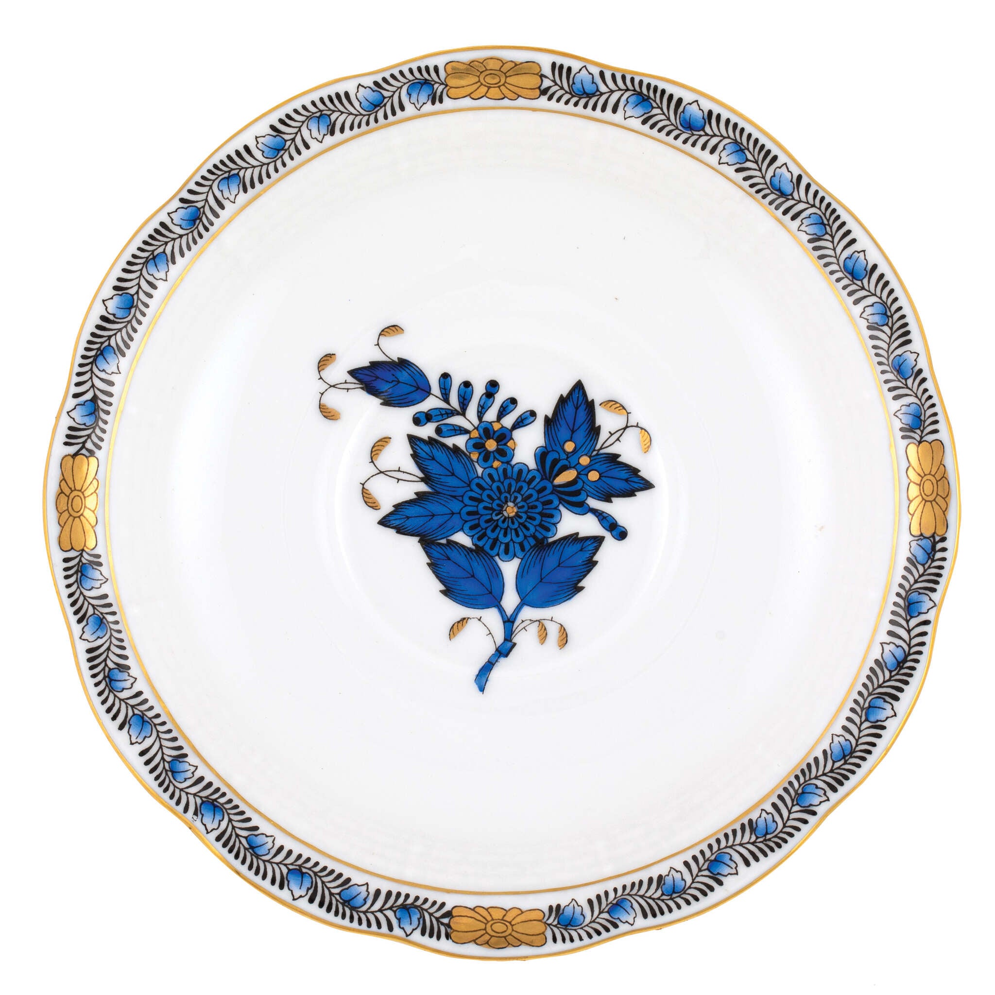 Hand-painted Herend Chinese Bouquet Black Sapphire Tea Saucer Cup & Saucer Set in fine porcelain, 6in D, on a white background