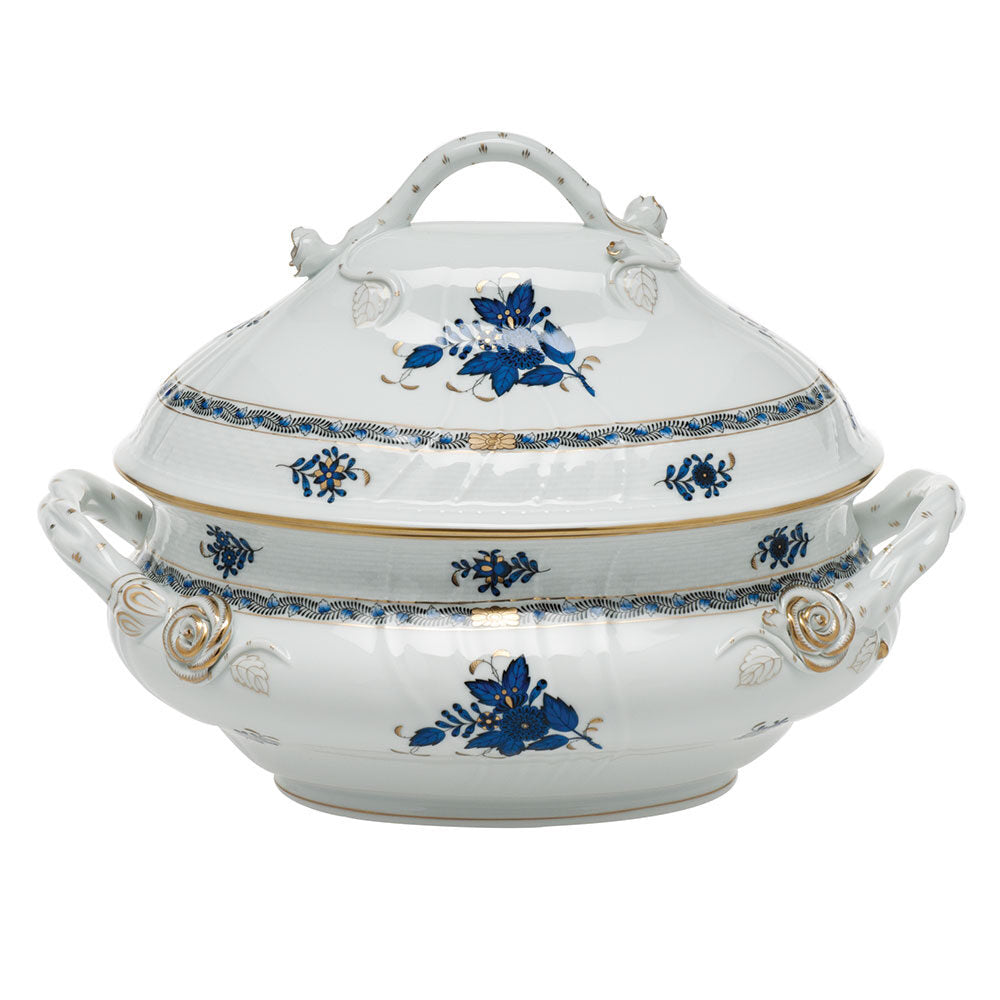 Hand-painted Herend Chinese Bouquet Black Sapphire Tureen with Branch Handles in fine porcelain, (4 QT) 10in H, on a white background