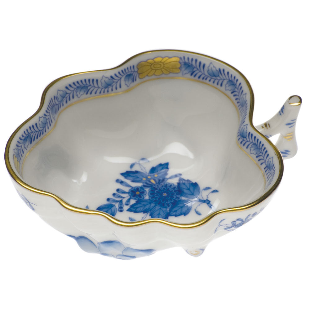Hand-painted Herend Chinese Bouquet Blue Deep Leaf Dish in fine porcelain, 4in L X 3in W, on a white background