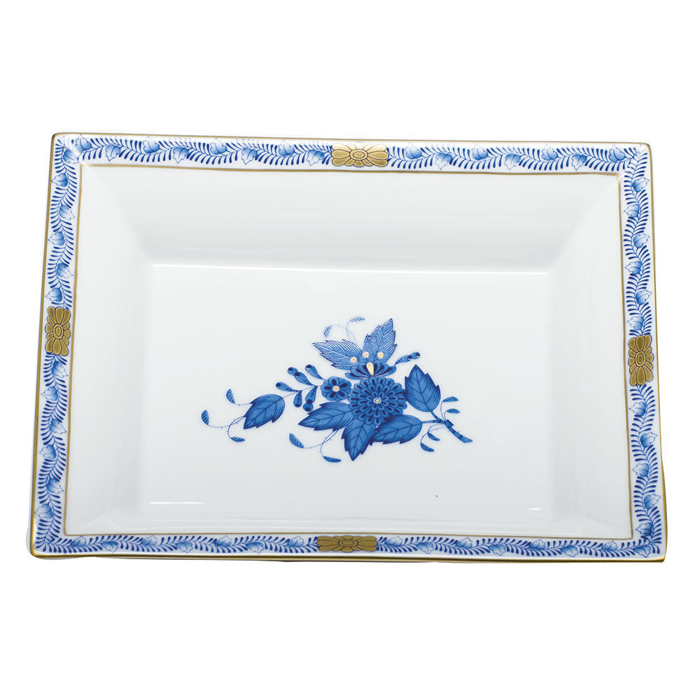 Hand-painted Herend Chinese Bouquet Blue Jewelry Tray Decorative Plate in fine porcelain, 7.5in L X 6.25in W, on a white background