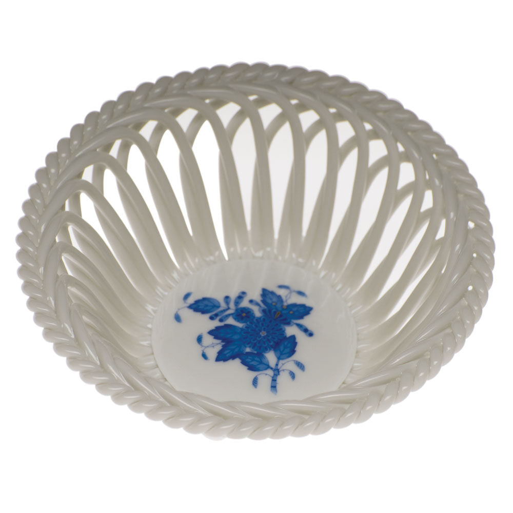 Hand-painted Herend Chinese Bouquet Blue Medium Openwork Basket in fine porcelain, 4.5in D, on a white background