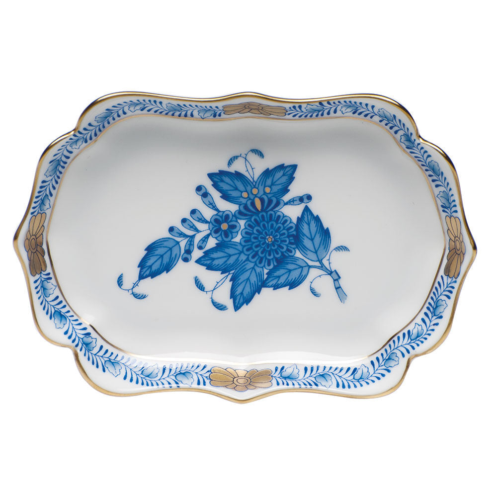 Hand-painted Herend Chinese Bouquet Blue Mini Scalloped Tray Decorative Plate in fine porcelain, 4.25in L X 3in W, on a white background