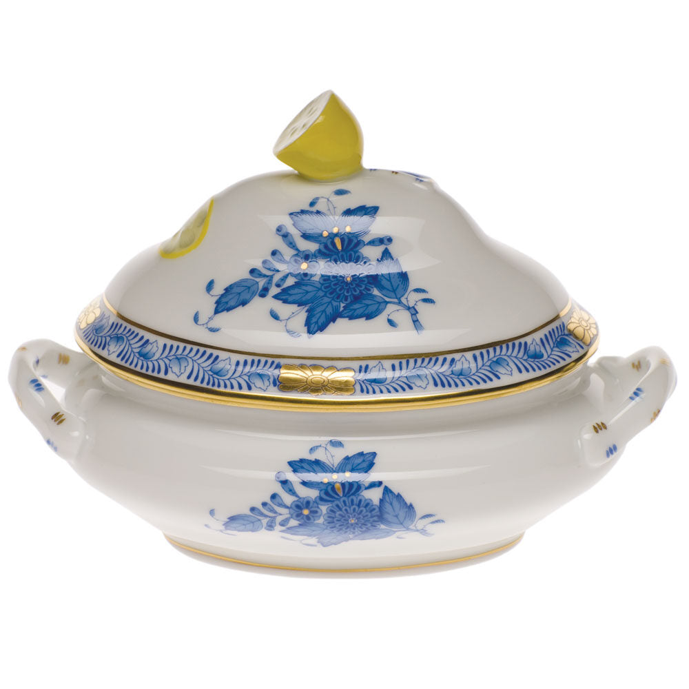 Hand-painted Herend Chinese Bouquet Blue Mini Tureen with Lemon Candy Dish in fine porcelain, 5in L X 4in H, on a white background