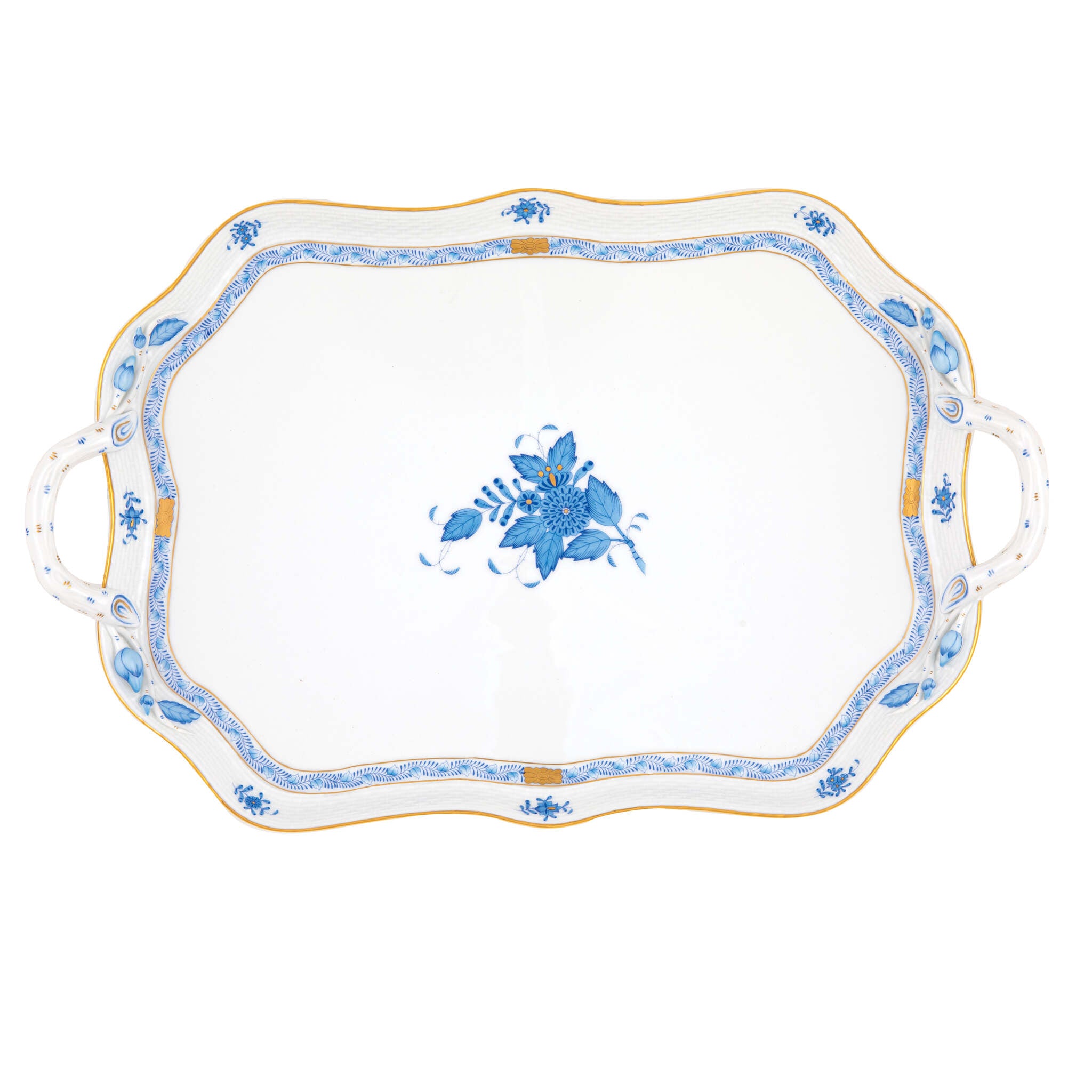 Hand-painted Herend Chinese Bouquet Blue Rec Tray with Branch Handles in fine porcelain, 18in L, on a white background