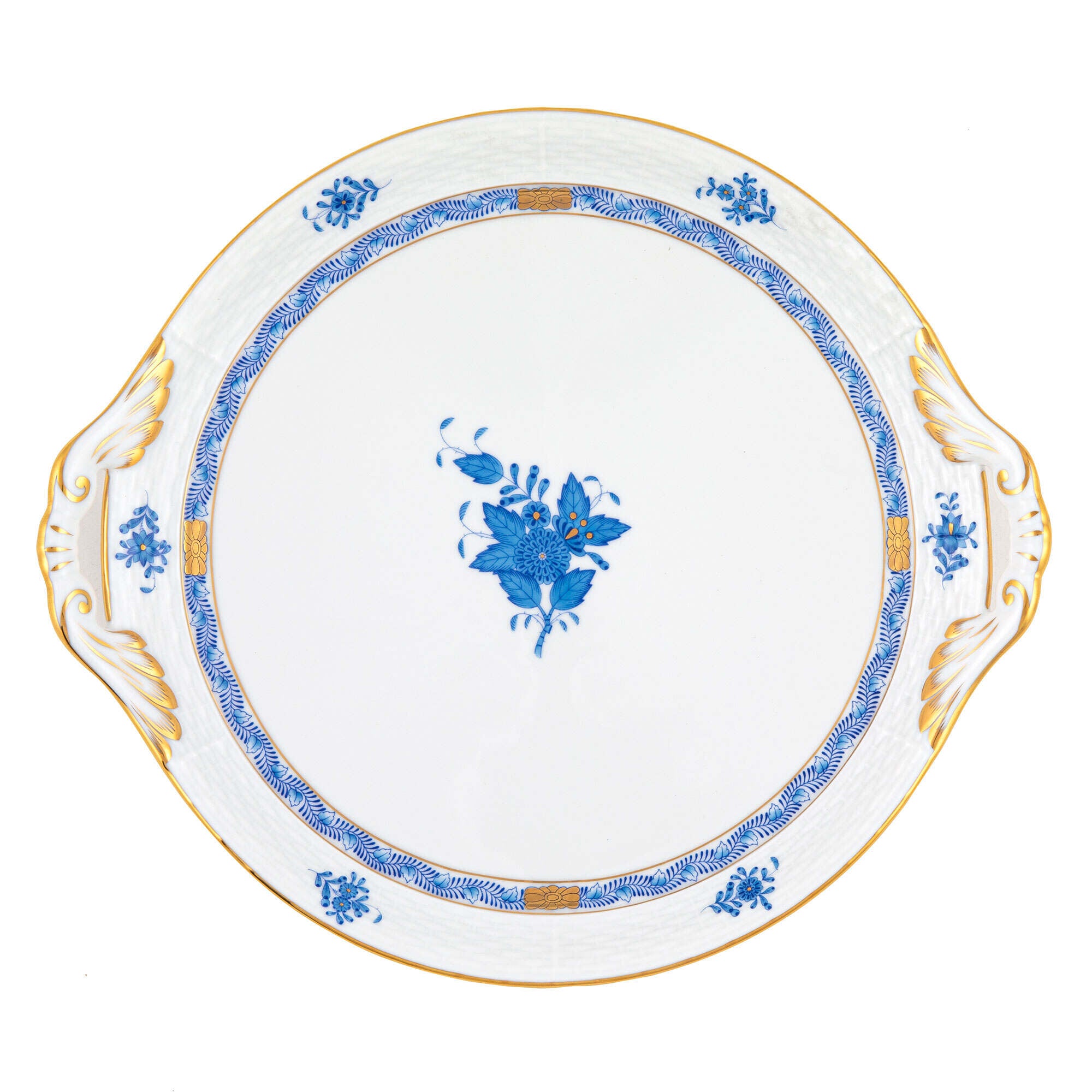 Hand-painted Herend Chinese Bouquet Blue Round Tray with Handles in fine porcelain, 11.25in D, on a white background