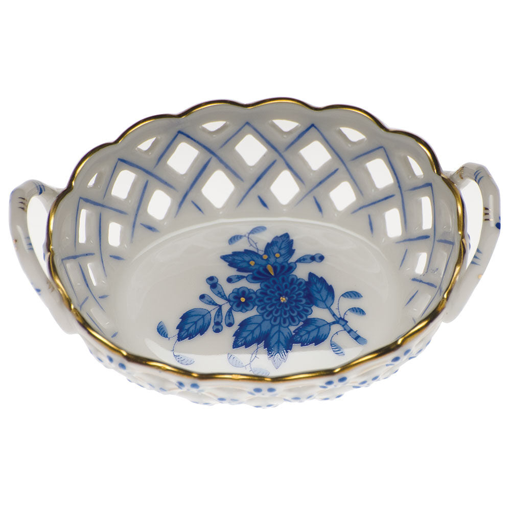 Hand-painted Herend Chinese Bouquet Blue Sm Openwork Basket with Handle in fine porcelain, 3.5in L X 2.5in W, on a white background
