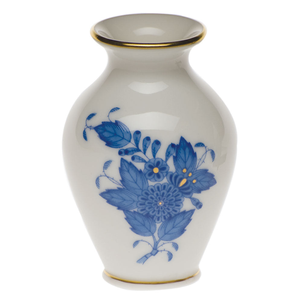 Hand-painted Herend Chinese Bouquet Blue Small Bud Vase with Lip in fine porcelain, 2.5in H, on a white background