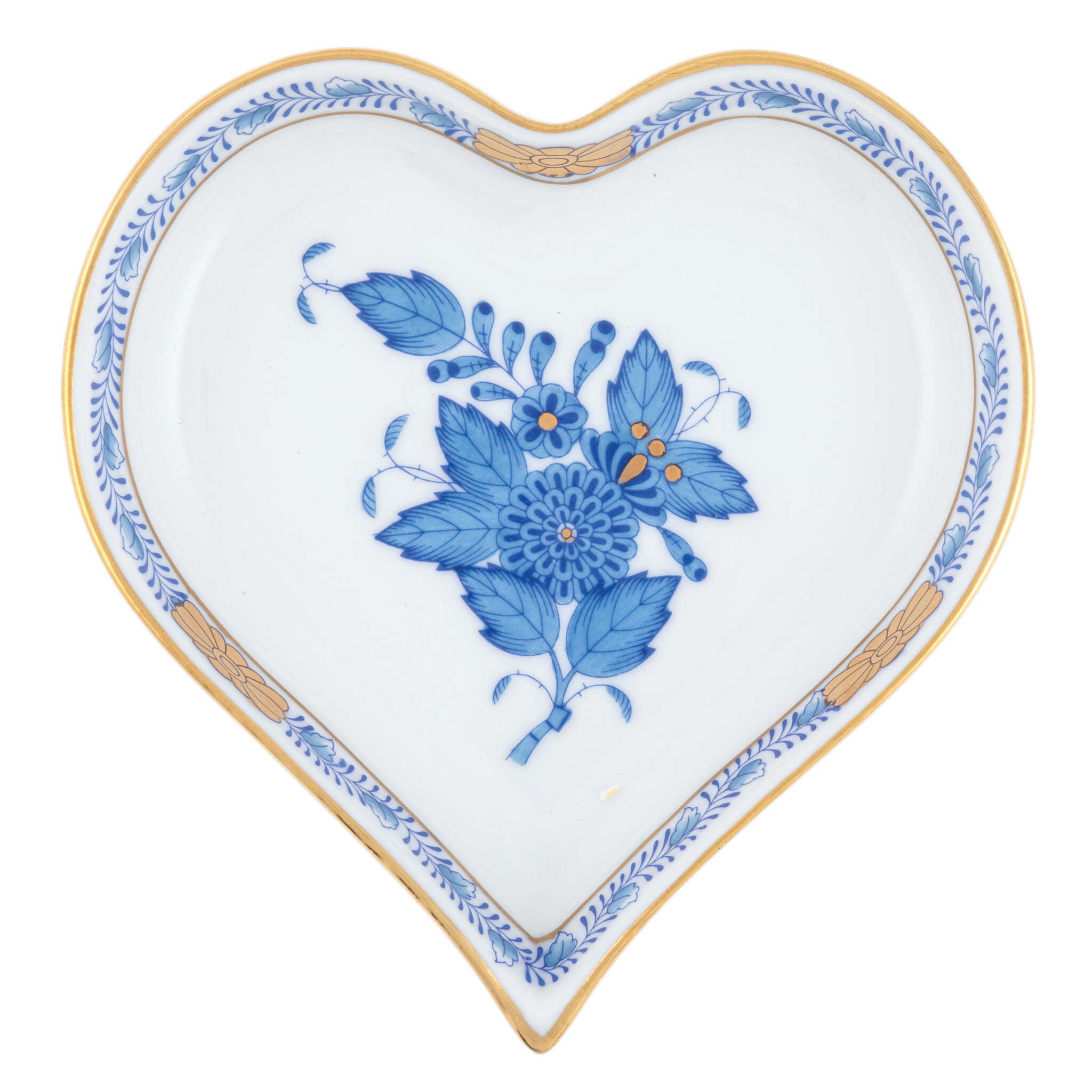 Hand-painted Herend Chinese Bouquet Blue Small Heart Tray Decorative Plate in fine porcelain, 4in L X 4in W, on a white background