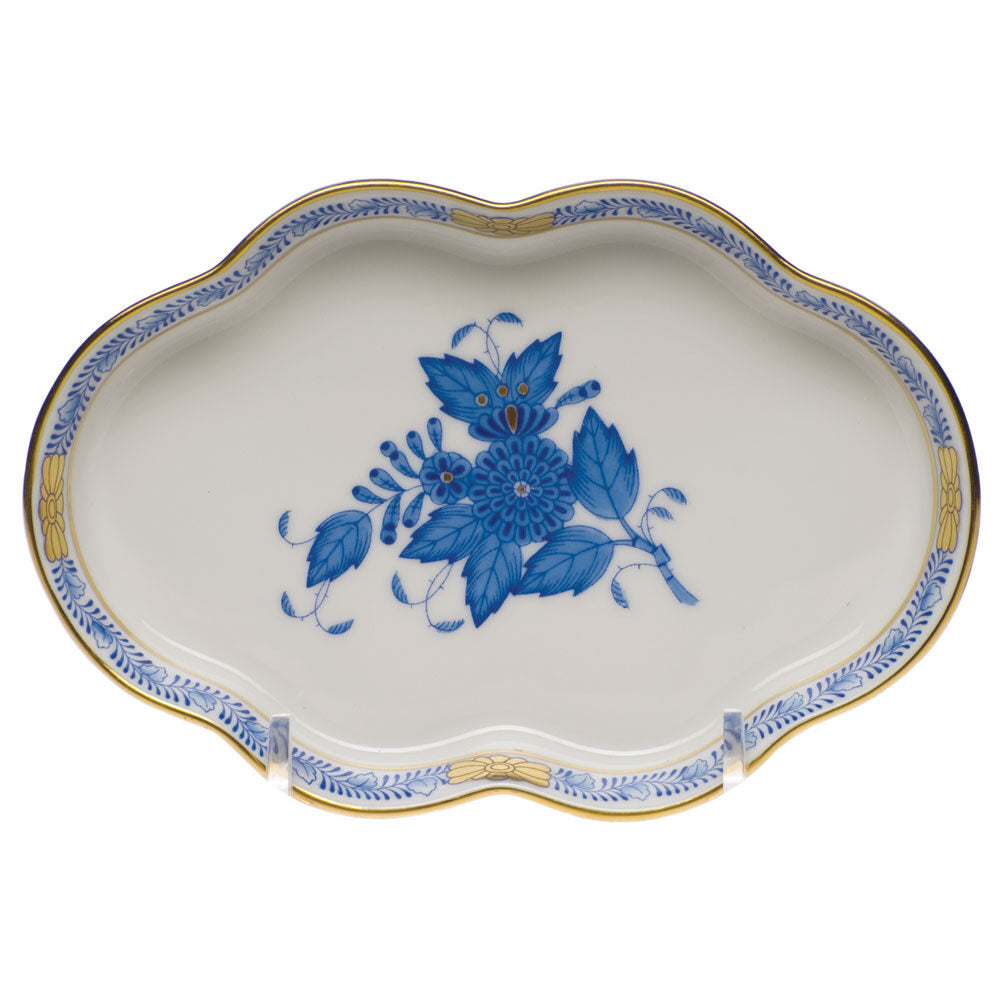 Hand-painted Herend Chinese Bouquet Blue Small Scalloped Tray Decorative Plate in fine porcelain, 5.5in L, on a white background
