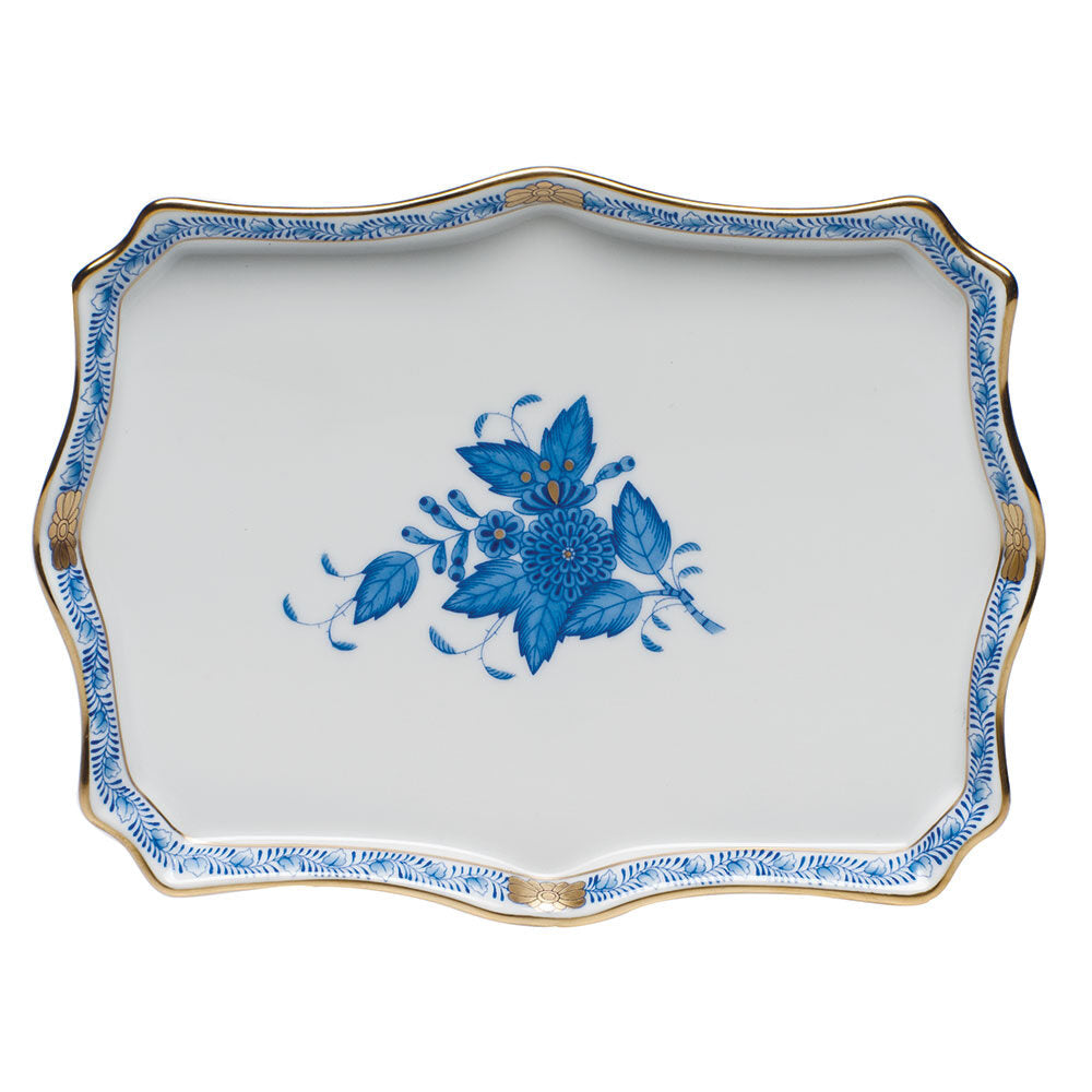 Hand-painted Herend Chinese Bouquet Blue Small Tray Decorative Plate in fine porcelain, 7.5in L X 5.5in W, on a white background