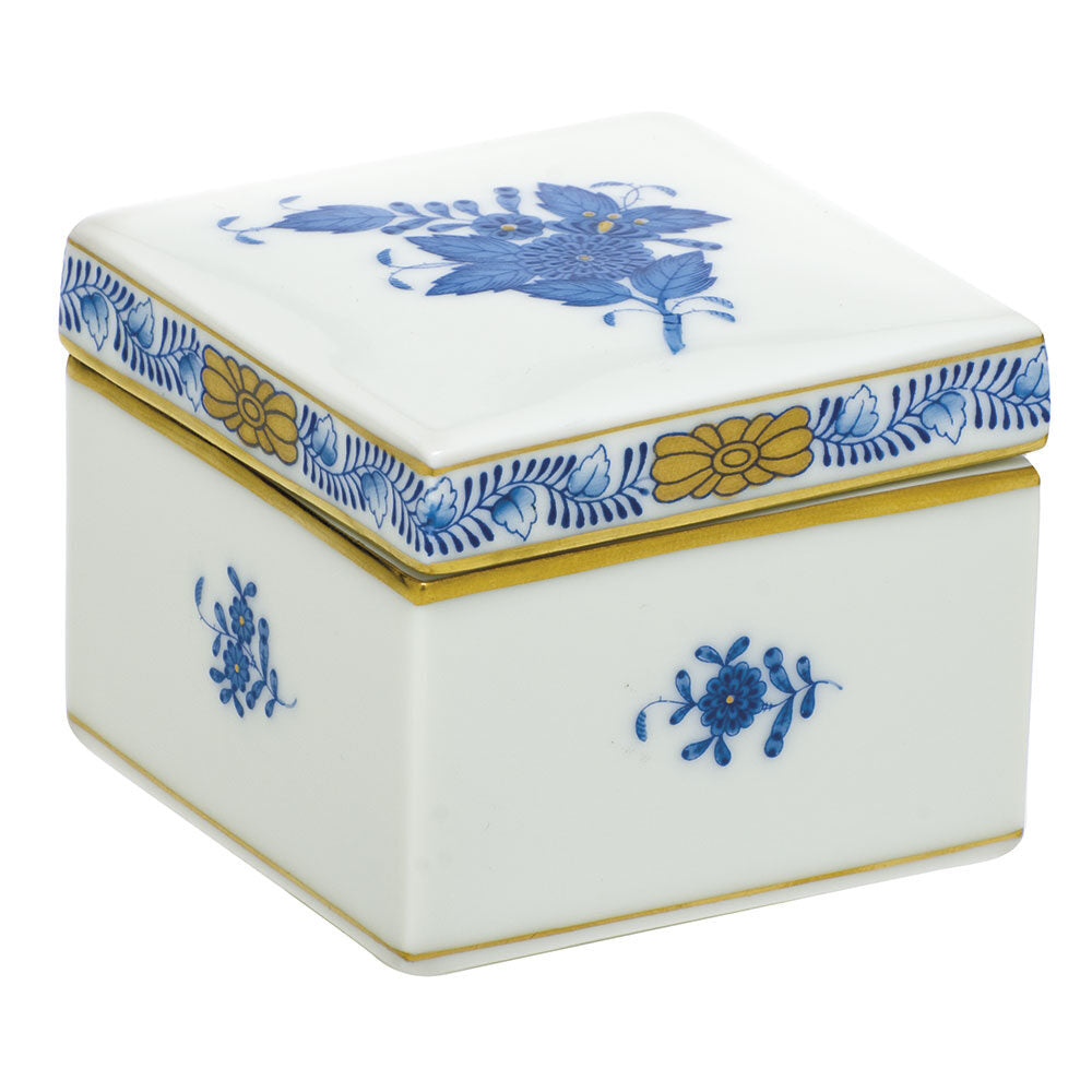 Hand-painted Herend Chinese Bouquet Blue Square Box in fine porcelain, 2.25in L X 2.25in W X 2in H, on a white background