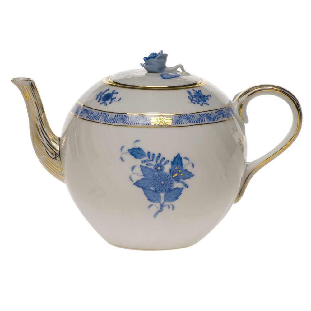 Hand-painted Herend Chinese Bouquet Blue Tea Pot with Rose Teapot in fine porcelain, (36 OZ) 5.5in H, on a white background