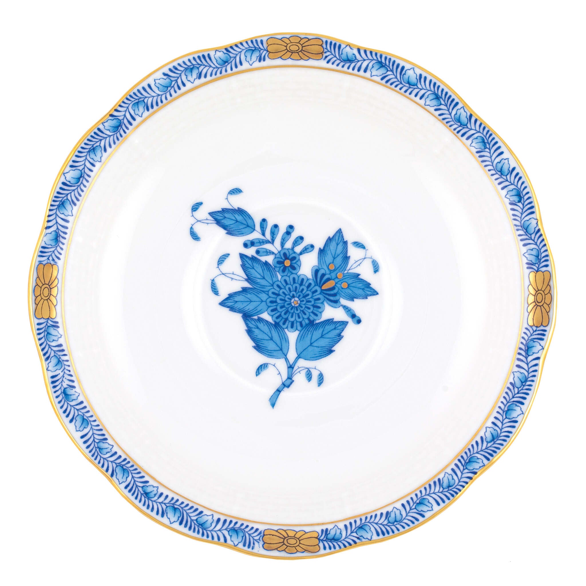 Hand-painted Herend Chinese Bouquet Blue Tea Saucer Cup & Saucer Set in fine porcelain, 6in D, on a white background