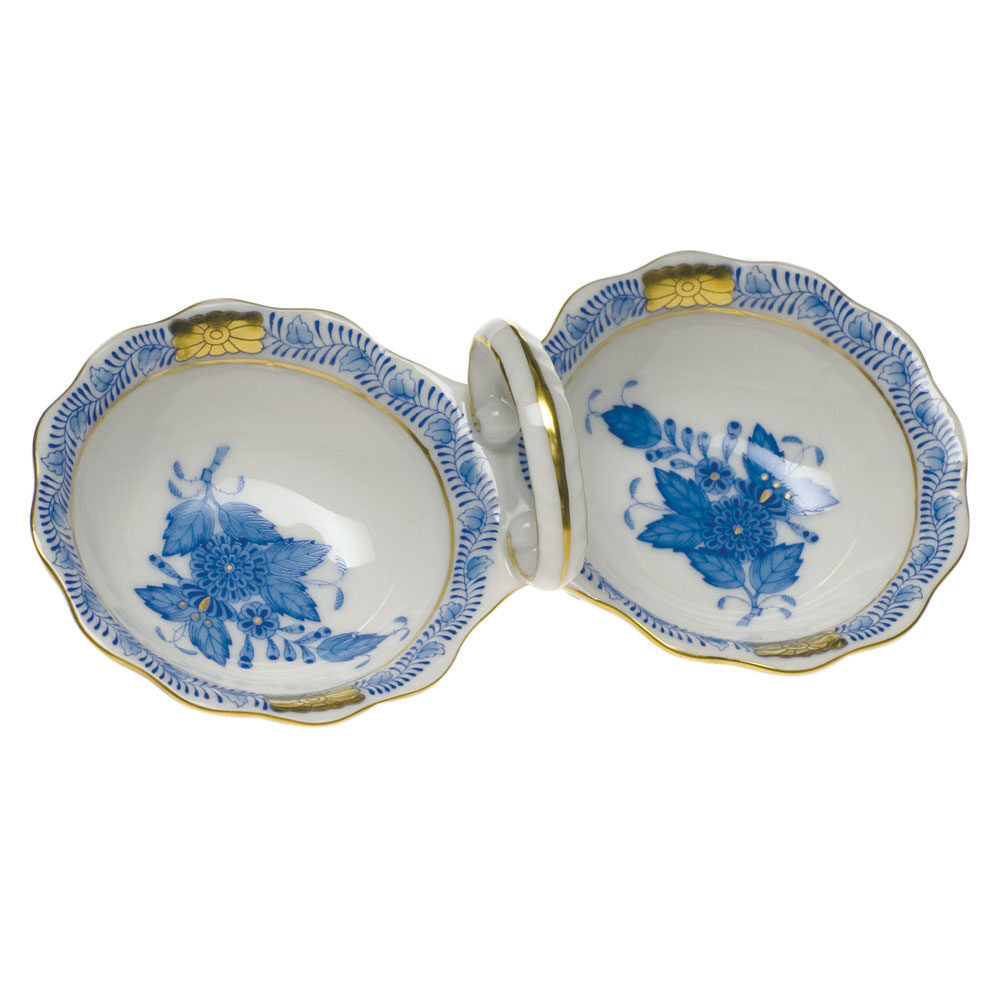 Hand-painted Herend Chinese Bouquet Blue Twin Salt Salt & Pepper Shaker Set in fine porcelain, 5.5in L, on a white background