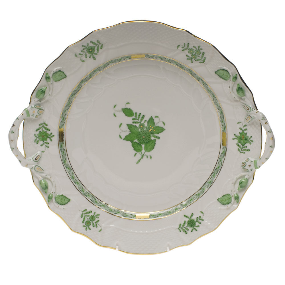 Hand-painted Herend Chinese Bouquet Green Chop Plate with Handles in fine porcelain, 12in D, on a white background