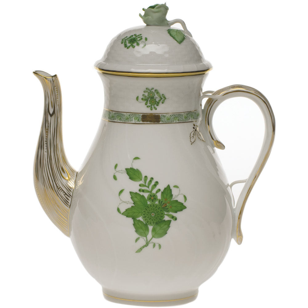 Hand-painted Herend Chinese Bouquet Green Coffee Pot with Rose Coffeepot in fine porcelain, (60 OZ) 10in H, on a white background
