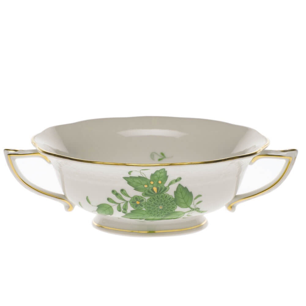 Hand-painted Herend Chinese Bouquet Green Cream Soup Cup Cream Soup Bowl in fine porcelain, on a white background