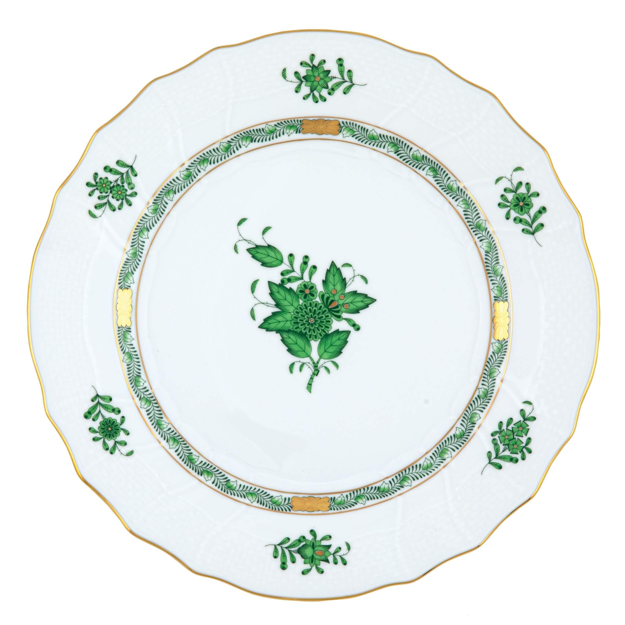 Hand-painted Herend Chinese Bouquet Green Dinner Plate in fine porcelain, 10.5in D, on a white background