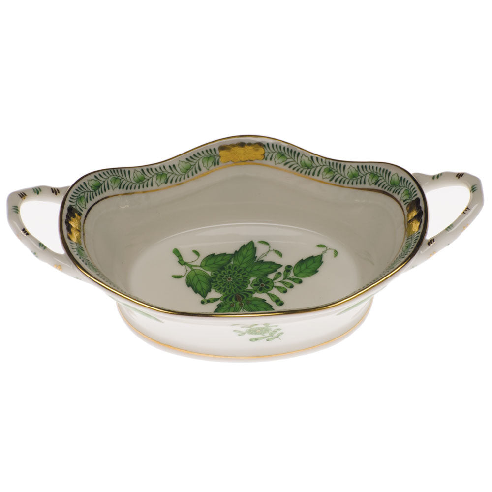 Hand-painted Herend Chinese Bouquet Green Large Basket with Handles in fine porcelain, 6.75in L X 3.25in W, on a white background